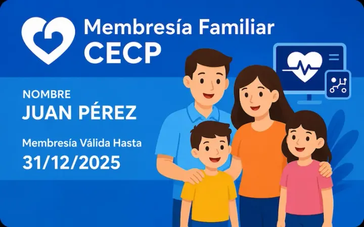 Tarjeta de la Membresía Familiar CECP con código QR y datos del titular, válida para toda la familia
